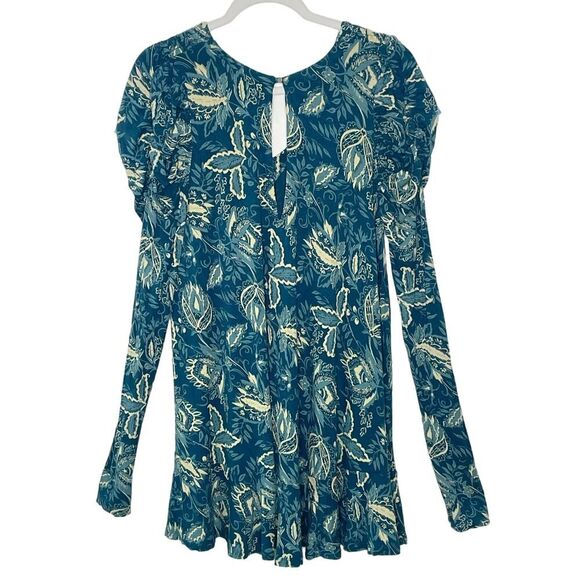 Free People Aqua Blue Baroque Boho Flowy Long Sleeve Top S #MM - Picture 1 of 11